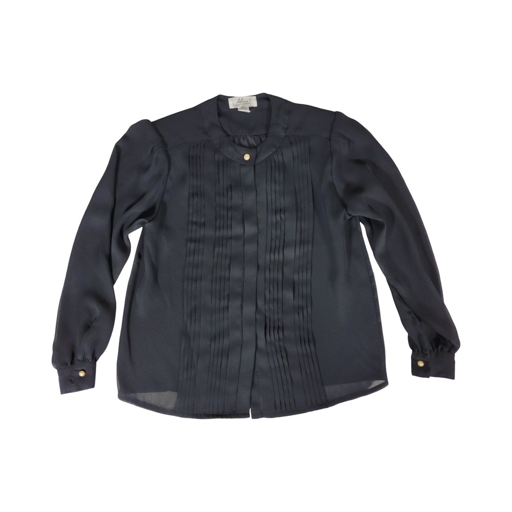 Vintage Alicia Black Long Sleeve Pleated‎ Front Button Up Blouse Women Medium